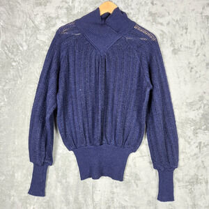 Vtg Marc Cain Sweater Semi Sheer Blue Blouson Mohair Size S (See Measurements)